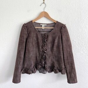 Y2K Bamboo Traders Brown Ruffle Crop Jacket Blazer Princess Seam Womens Small
